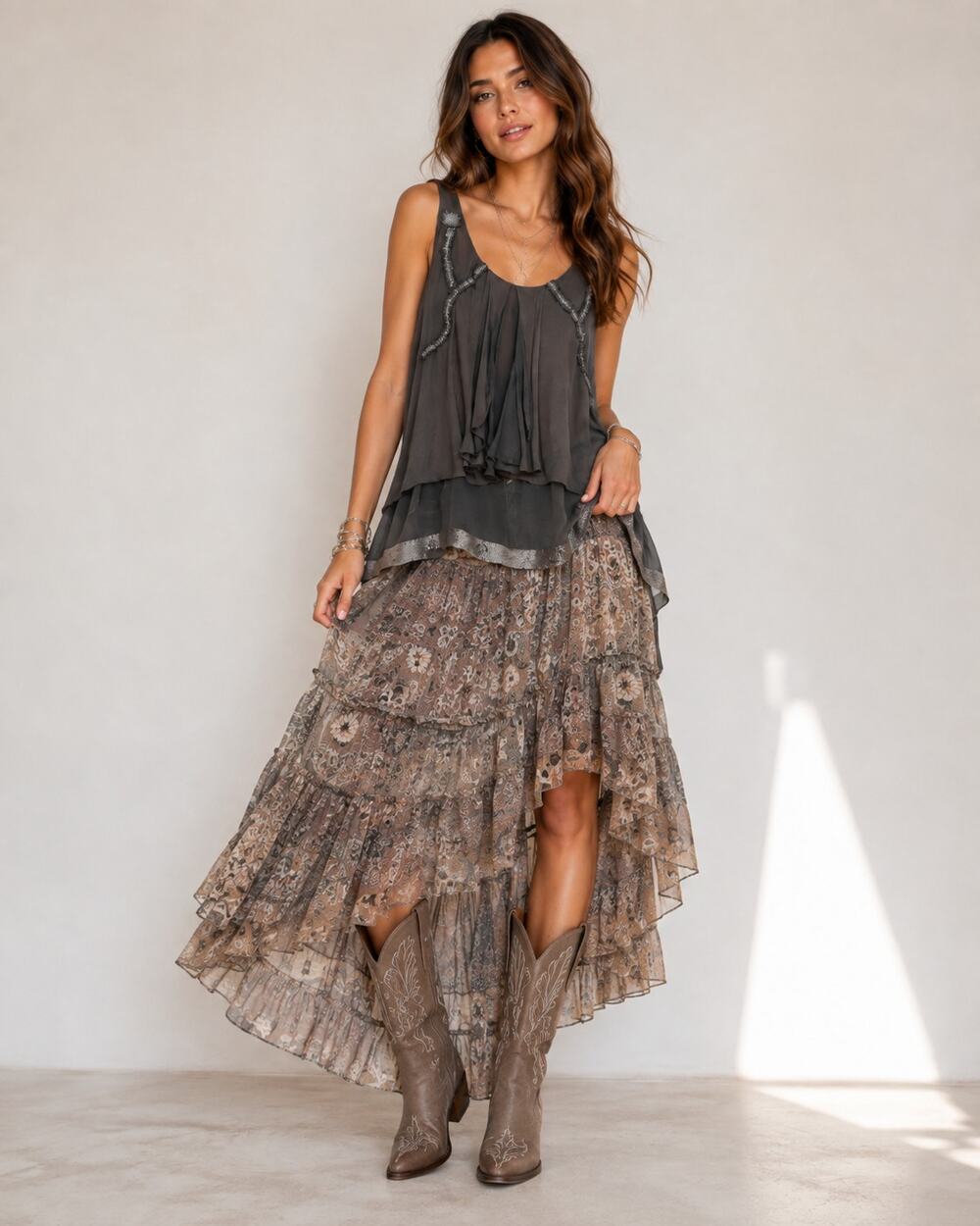 Saivana Grey Silk Beaded Y2K Tiered Sleeveless Blouse Womens S Sheer Silver Top